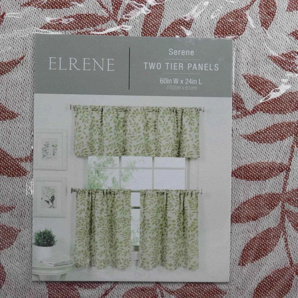 Elrene Serene Tier Curtains 24 Inch Spice Red Leaf Rod Pocket 60x24 Cotton Linen